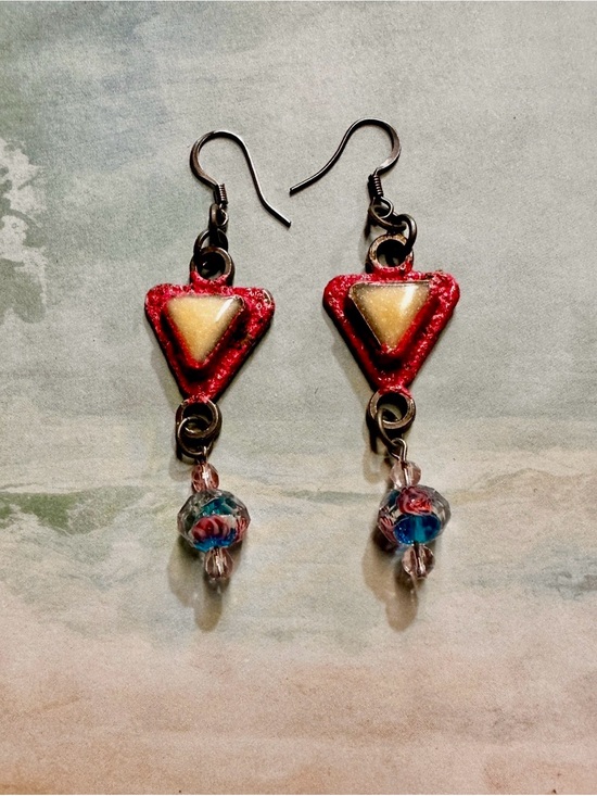 Hand Crafted Jewelry - Handcrafted Pink Mixed Media Triangle Drop Earrings with Blue Floral Beads